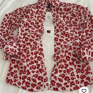 Cowgirl Hardware Western M Red Floral Jewel snap Rodeo Blouse with White Tank
